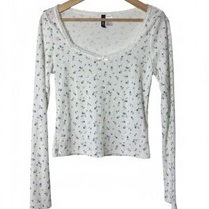 Floral Top Blue Flowers Cottage core Long-sleeve Y2K Style Basic Essential H&M